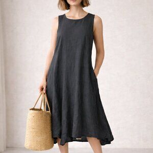 Vanessa Zani Charcoal Linen Sleeveless Midi Dress